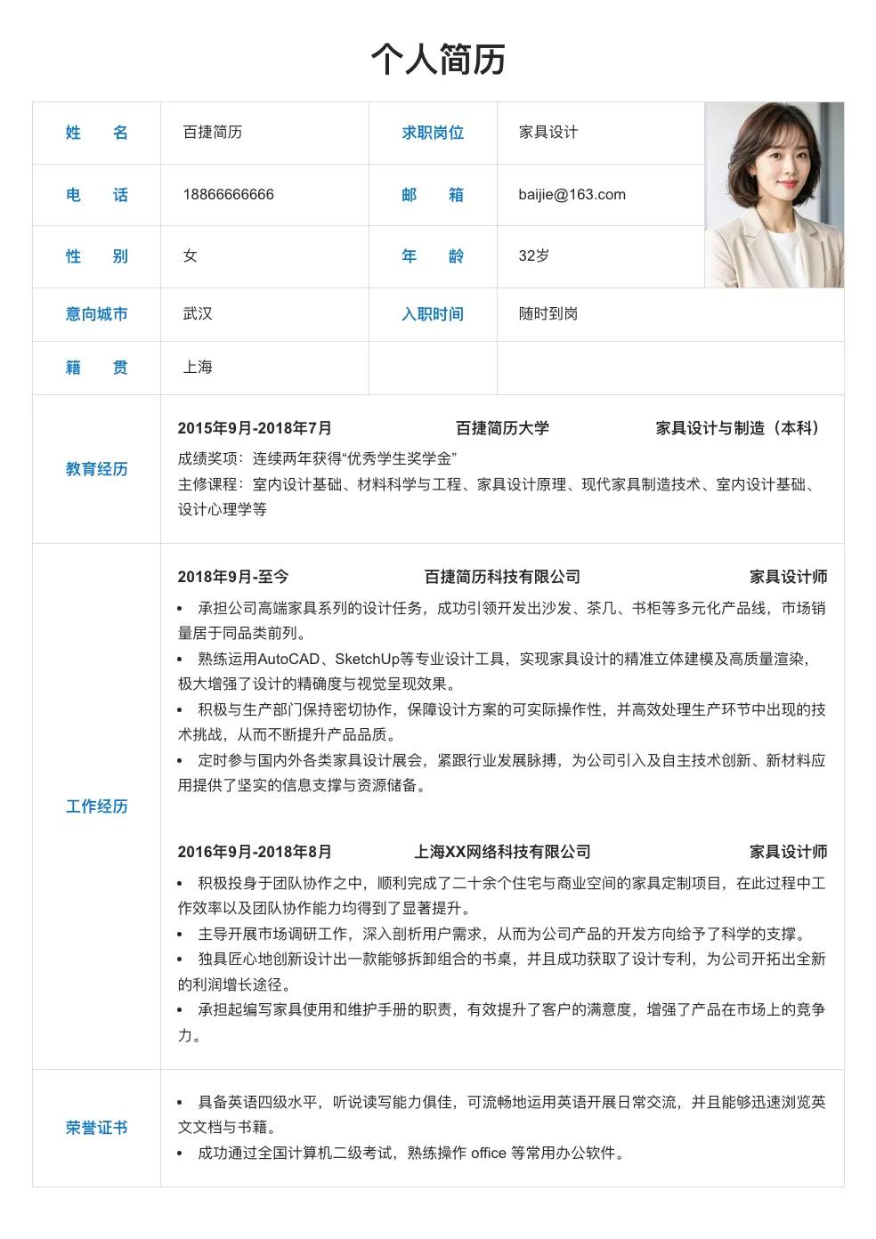 家具设计简历模板
