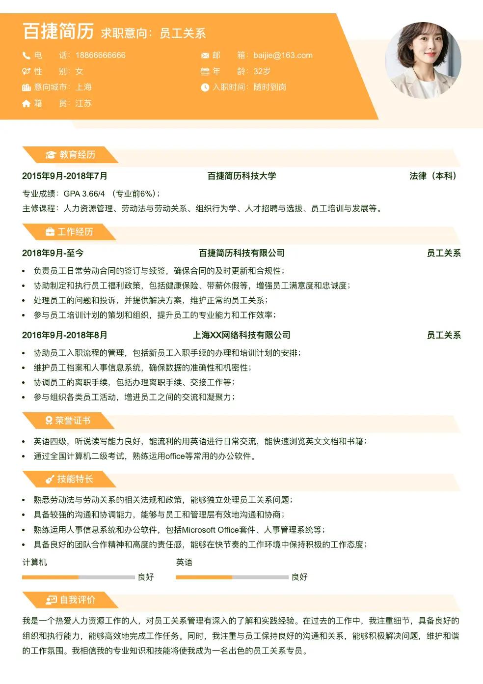 员工关系简历模板
